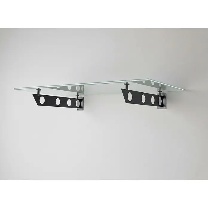 Glaszentrum Hagen Vordach - 200 x 90 x 25 cm, Schwarz - Glasregal mit schwarzen Metall-Wandhalterungen mit ovalen Aussparungen.