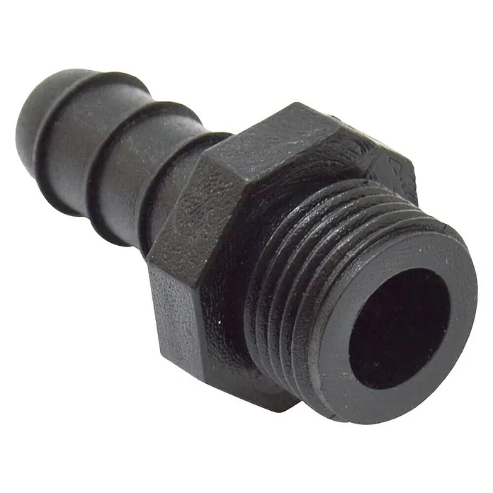 Conector para manguera goteo Macho - ½″, 16 mm, Plástico - Un adaptador de manguera negro con extremo acanalado y conexión roscada para un ajuste seguro.