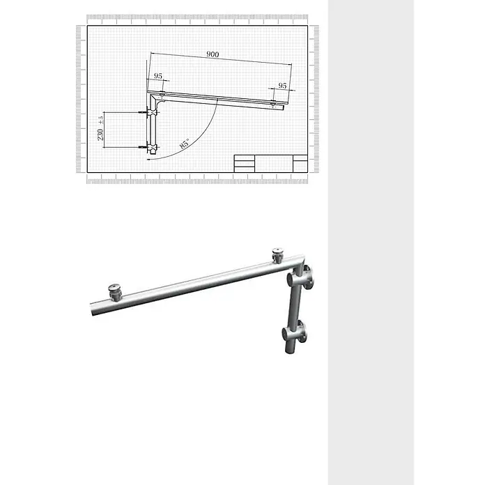 Glaszentrum Hagen Vordach Glaszentrum Hagen TYP-L-BK Glasvordach Edelstahlhalter Schwarz -  - Silberfarbene metallene wandmontierte Duschstange mit technischer Zeichnung und Maßen.