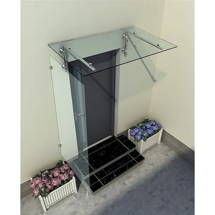 Glaszentrum Hagen Vordach 80x200x80 cm Seitenteil für Vordächer Klar - 80 x 90 x 200 cm, Silber - Moderne Eingangstürüberdachung und Seitenwände aus Klarglas mit silbernen Metallbeschlägen, die Schutz bieten.