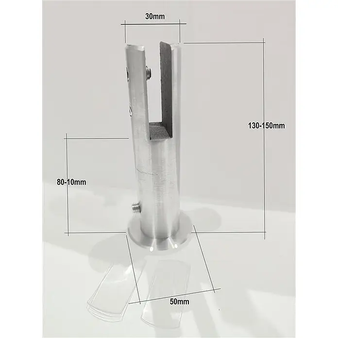 Glaszentrum Hagen Vordach 80x200x80 cm Seitenteil für Vordächer Klar - 80 x 90 x 200 cm, Silber - Gebürstete Edelstahl-Glasklemme für Geländer, mit 30mm Schlitz, 130-150mm Höhe, 50mm Basis. Inkl. transparenten Dichtungen.