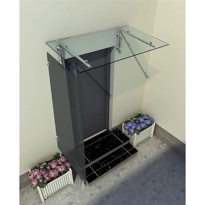 Glaszentrum Hagen Vordach 80x200x80 cm Seitenteil für Vordächer Grau - 80 x 90 x 200 cm, Silber - Klares Glasvordach mit Seitenwänden, von Chrombefestigungen getragen, über einer dunklen Tür.