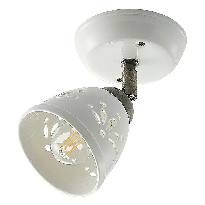 Lindby Deckenstrahler Sanrike - L x B x H: 19 x 12 x 16 cm, weiß / opal, weiß / opal, E14 - Weißer Keramik-Spotstrahler mit floralen Aussparungen, LED-Filamentlampe und dunklem Metallschaft, an runder weißer Basis.