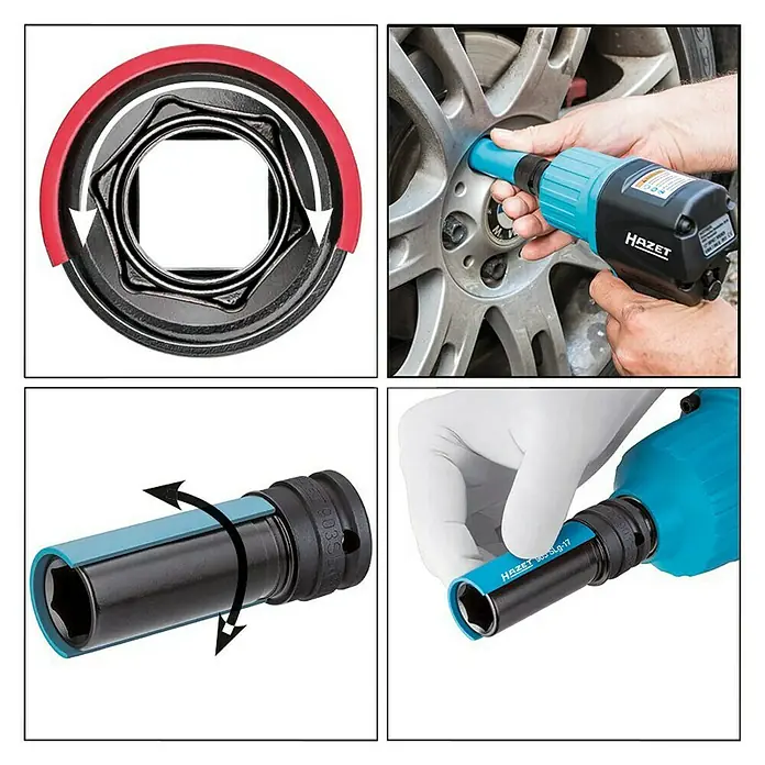 Hazet Kraft-Steckschlüsseleinsatz 903SLG-19 - Schlüsselweite: 19 mm, Antriebsgröße: ½″ - Vierfach-Ansicht eines HAZET Steckschlüsselsatzes, der Vielseitigkeit und hohe Qualität für verschiedene Schraubanwendungen verspricht.