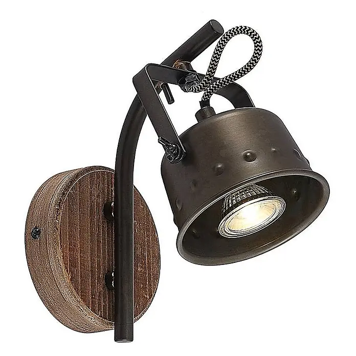 Lindby Wandleuchte Rubinjo - schwarz, GU10 - Wandstrahler mit dunklem Metallkopf, rustikalem Holzsockel und geflochtenem Kabel, beleuchtet.