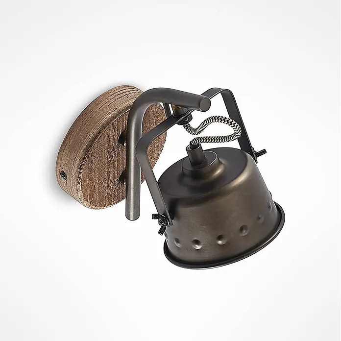 Lindby Wandleuchte Rubinjo - schwarz, GU10 - Wandleuchte im Industriestil mit Holzsockel, dunklem Metallarm und perforiertem Metallschirm mit geflochtenem Kabel.
