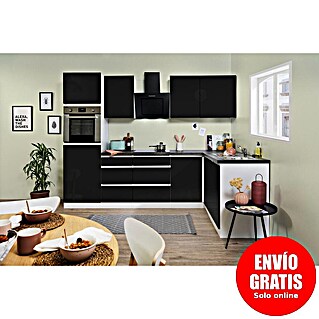 Respekta Premium Cocina esquinera Lorena (Ancho: 280 cm, Negro, Brillo intenso, Efecto piedra, Con electrodomésticos)