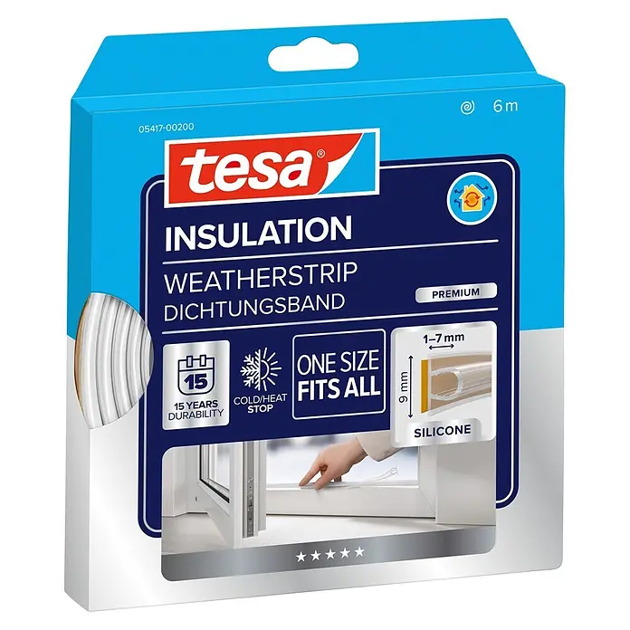 Tesa INSULATION Silikondichtung - Transparent, 6 m x 9 mm x 7 mm, Geeignet für: Spaltenbreiten 1 - 7 mm - Tesa weißes Silikon-Isolier-Dichtungsband in blauer Verpackung, 6m lang, zur Fensterisolierung gezeigt.
