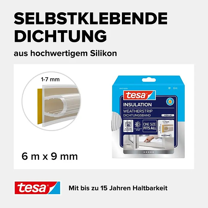 Tesa INSULATION Silikondichtung - Transparent, 6 m x 9 mm x 7 mm, Geeignet für: Spaltenbreiten 1 - 7 mm - Tesa selbstklebendes Silikon-Dichtungsband, 6m x 9mm, für 1-7mm Spalten, transparent beige mit gelbem Kleber.