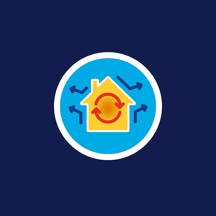 Tesa INSULATION Dichtungsband GUMMI L - L x B x H: 6 m x 9 mm x 5,5 mm, Weiß - Symbol eines gelben Hauses mit roten Umlaufpfeilen innen und blauen Pfeilen für externen Austausch, in einem blauen Kreis.