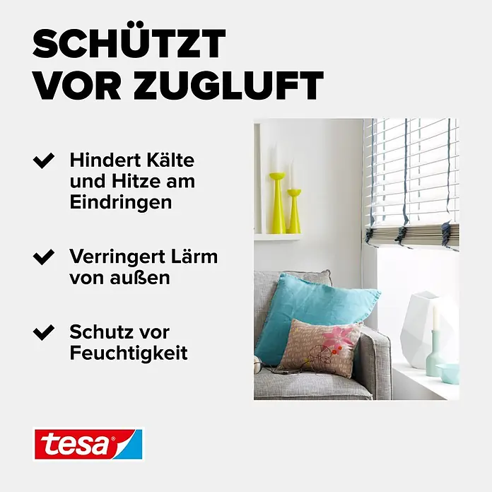 Tesa INSULATION Dichtungsband GUMMI L - Weiß, 10 m x 9 mm x 5,5 mm, Geeignet für: Spaltenbreiten 2 - 5 mm - Tesa Produktvorteile: schützt vor Zugluft, Kälte, Hitze, Lärm und Feuchtigkeit, gezeigt in gemütlichem Wohnzimmer.