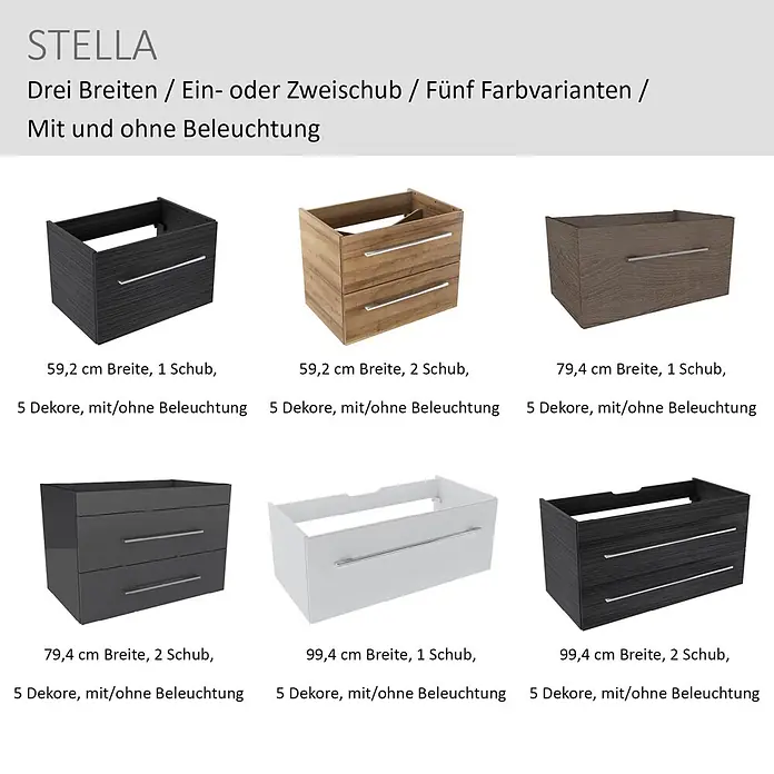 Camargue Stella Waschtischunterschrank - 79,4 x 48,8 x 55 cm, Mit Beleuchtung, Dark Oak - Mehrere STELLA Waschtischunterschränke in verschiedenen Breiten, mit ein oder zwei Schubladen und unterschiedlichen Dekoren.
