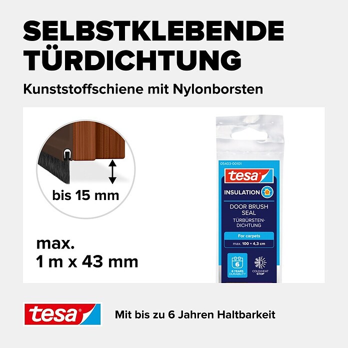 tesa MOLL Türdichtschiene Textil (Braun, 1 m x 43 mm, Geeignet für: Spaltenbreiten bis 15 mm)