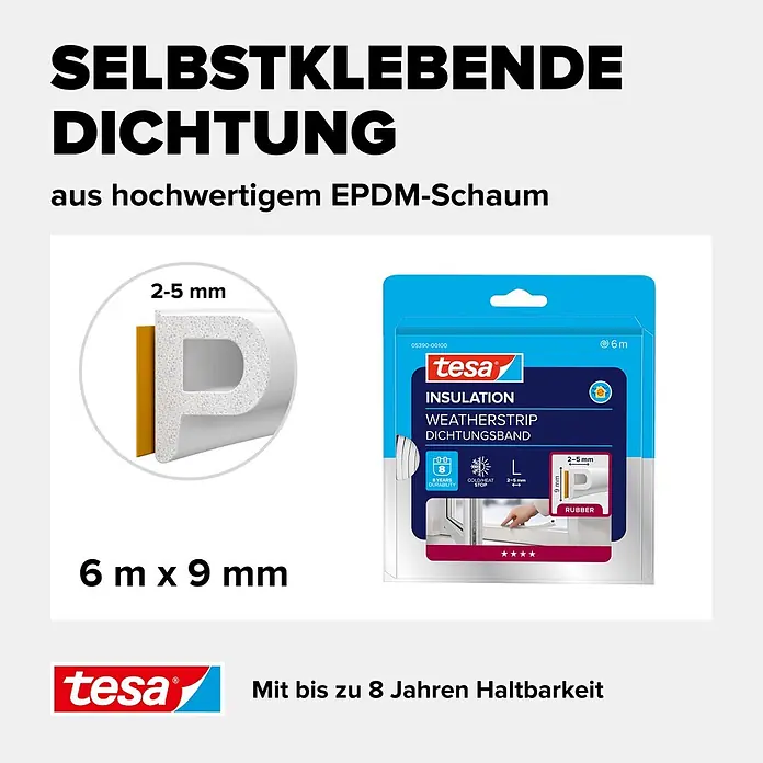 Tesa INSULATION Dichtungsband GUMMI L - Weiß, 6 m x 9 mm x 5,5 mm, Geeignet für: Spaltenbreiten 2 - 5 mm - Weißes selbstklebendes EPDM P-Profil Dichtungsband, 6m lang, für 2-5mm Spalten, hält bis zu 8 Jahre.