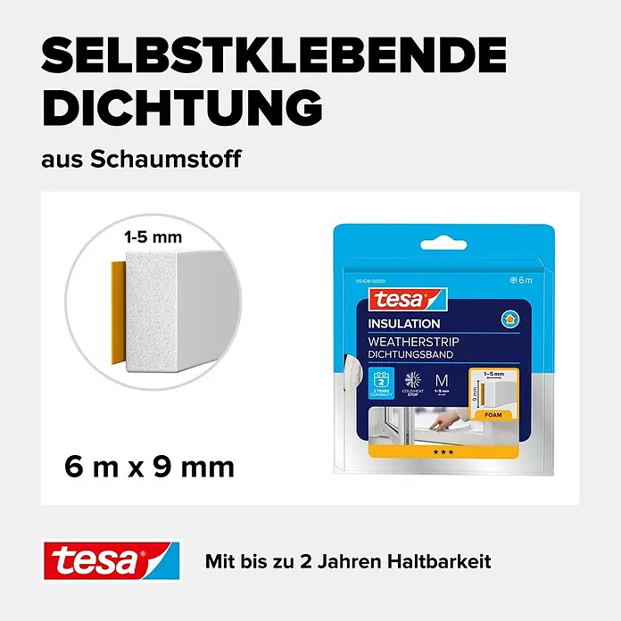 Tesa INSULATION Dichtungsband Schaumstoff M - Weiß, 6 m x 9 mm x 6 mm, Geeignet für: Spaltenbreiten 1 - 5 mm - tesa selbstklebende Schaumstoff-Dichtung, 6m x 9mm, für 1-5mm Spalten, 2 Jahre Haltbarkeit.