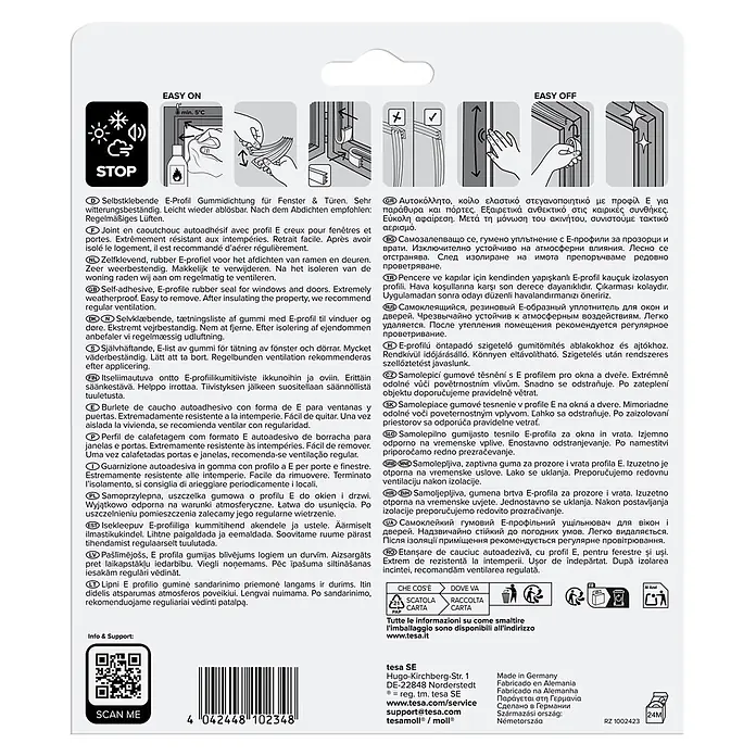 Tesa INSULATION Dichtungsband Gummi S - Braun, 10 m x 9 mm x 4 mm, Geeignet für: Spaltenbreiten 1 - 3,5 mm - Verpackung für selbstklebende E-Profil Gummidichtung mit Montageanleitung, Merkmalen und mehrsprachigen Produktinformationen.
