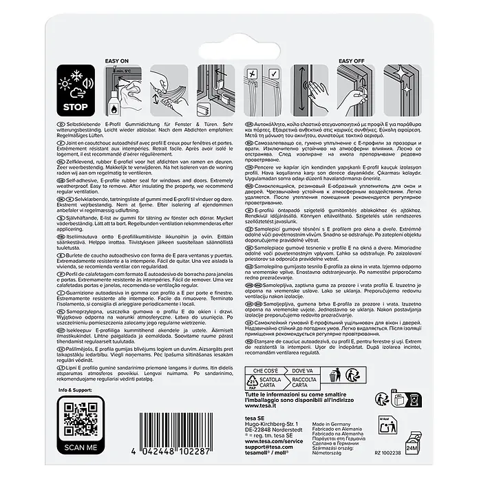 Tesa INSULATION Dichtungsband Gummi S - Weiß, 6 m x 9 mm x 4 mm, Geeignet für: Spaltenbreiten 1 - 3,5 mm - "Verpackung für selbstklebende E-Profil Gummidichtung für Fenster und Türen mit Anwendungsanleitung und Produktinformationen."