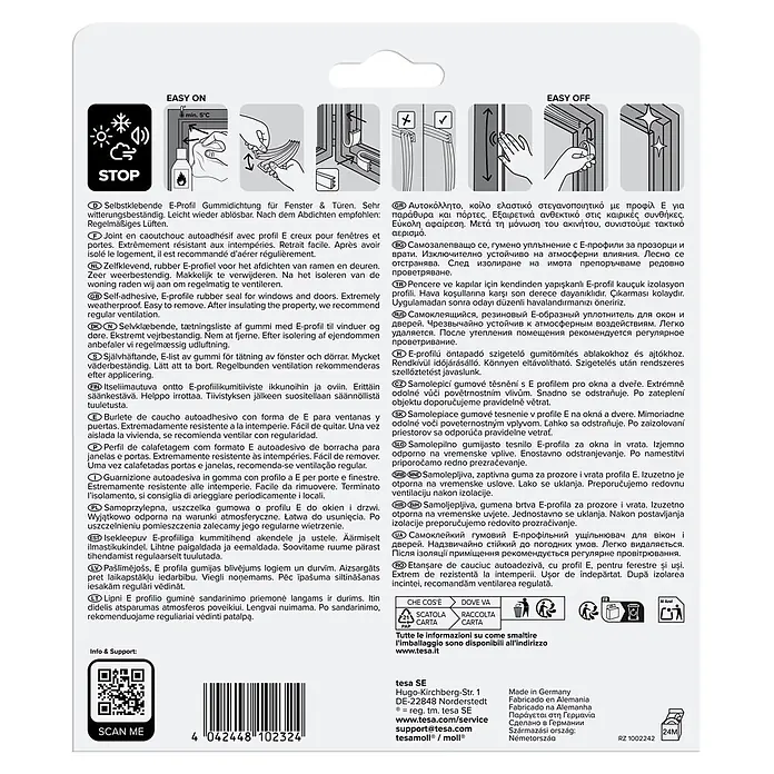 Tesa INSULATION Dichtungsband Gummi S - Weiß, 10 m x 9 mm x 4 mm, Geeignet für: Spaltenbreiten 1 - 3,5 mm - Verpackung für selbstklebende E-Profil Gummidichtung für Fenster und Türen, zeigt Anwendung, Wetterbeständigkeit und Entfernung.