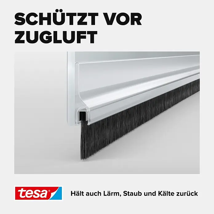 Tesa INSULATION Türdichtschiene für Teppichböden - Transparent, Geeignet für: Spaltenbreiten bis 15 mm - Tesa Bürstendichtung, grau/silber mit schwarzen Borsten, schützt vor Zugluft, Lärm, Staub und Kälte.