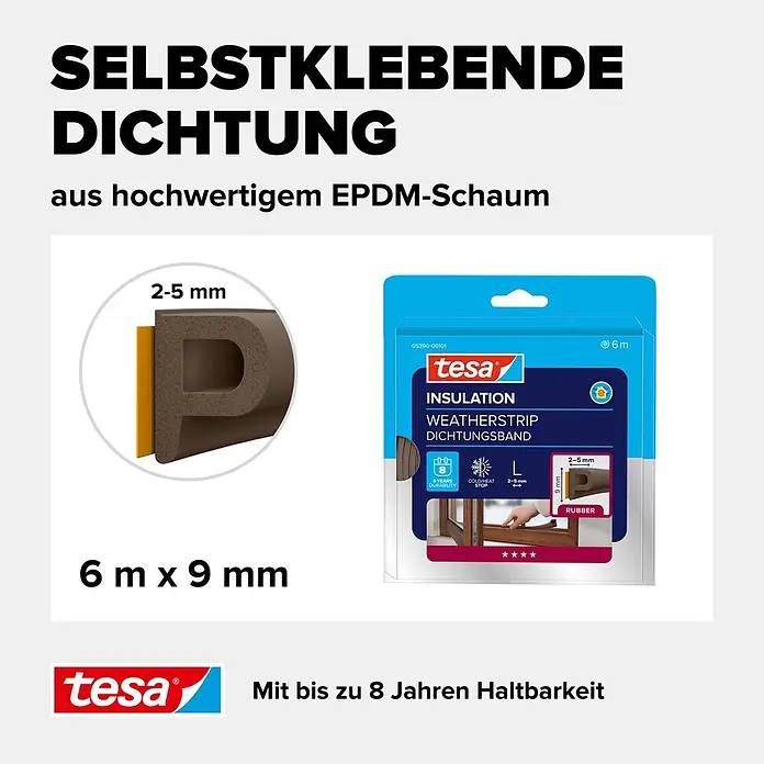 Tesa INSULATION Dichtungsband GUMMI L - Braun, 6 m x 9 mm x 5,5 mm, Geeignet für: Spaltenbreiten 2 - 5 mm - Braunes selbstklebendes P-Profil EPDM-Schaum Dichtungsband, 6m x 9mm, für 2-5mm Spalten.