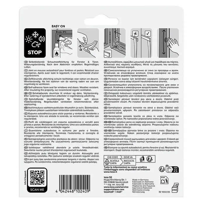Tesa INSULATION Dichtungsband PE-Schaumstoff S - Weiß, 6 m x 9 mm x 4 mm, Geeignet für: Spaltenbreiten 1 - 3,5 mm - Selbstklebende graue Schaumstoffdichtung für Fenster und Türen.