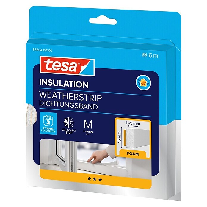 tesa MOLL Schaumstoffdichtung Universal (Weiß, 6 m x 15 mm x 6 mm, Geeignet für: Spaltenbreiten 1 - 5 mm)