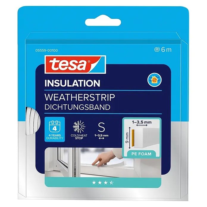 Tesa INSULATION Dichtungsband PE-Schaumstoff S - Weiß, 6 m x 9 mm x 4 mm, Geeignet für: Spaltenbreiten 1 - 3,5 mm - Weißes Tesa PE-Schaum Dichtungsband (9mm breit, für 1-3,5mm Spalten, 6m lang) zur Isolierung gegen Kälte/Wärme. 4 Jahre Haltbarkeit.