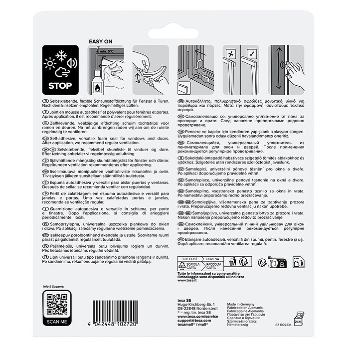 tesa MOLL Schaumstoffdichtung Universal (Weiß, 10 m x 9 mm x 6 mm, Geeignet für: Spaltenbreiten 1 - 5 mm)
