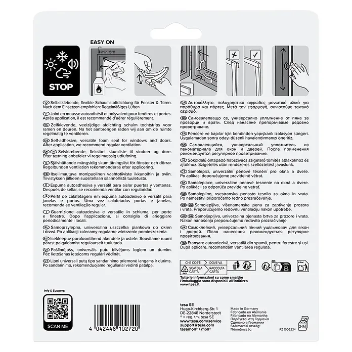 Tesa INSULATION Dichtungsband Schaumstoff M - Weiß, 10 m x 9 mm x 6 mm, Geeignet für: Spaltenbreiten 1 - 5 mm - Etikett für eine selbstklebende, flexible Schaumstoffdichtung für Fenster und Türen, mit mehrsprachiger Anleitung.