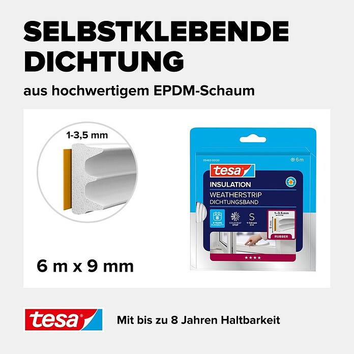 tesa MOLL E-Rillenprofildichtung (Weiß, 6 m x 9 mm x 4 mm, Geeignet für: Spaltenbreiten 1 - 3,5 mm)