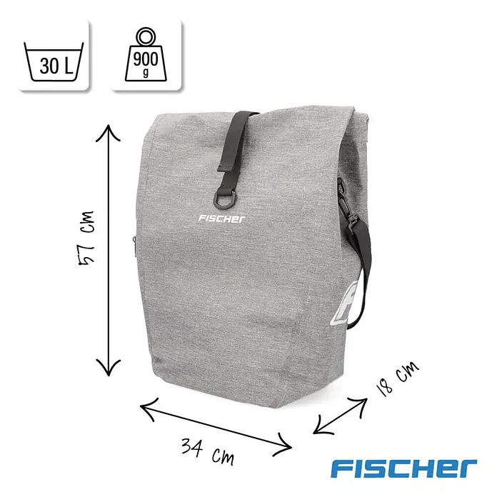 Fischer Alforja portaequipaje Plus Cita - L x An x Al: 57 x 34 x 18 cm - Bolso roll-top Fischer gris claro (30L, 900g) con dimensiones 57x34x18 cm.
