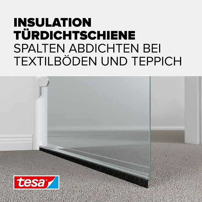 Tesa INSULATION Türdichtschiene für Teppichböden - Transparent, Geeignet für: Spaltenbreiten bis 15 mm - Tesa Türdichtschiene mit Bürste an Glastür, dichtet Spalten auf Teppich ab.