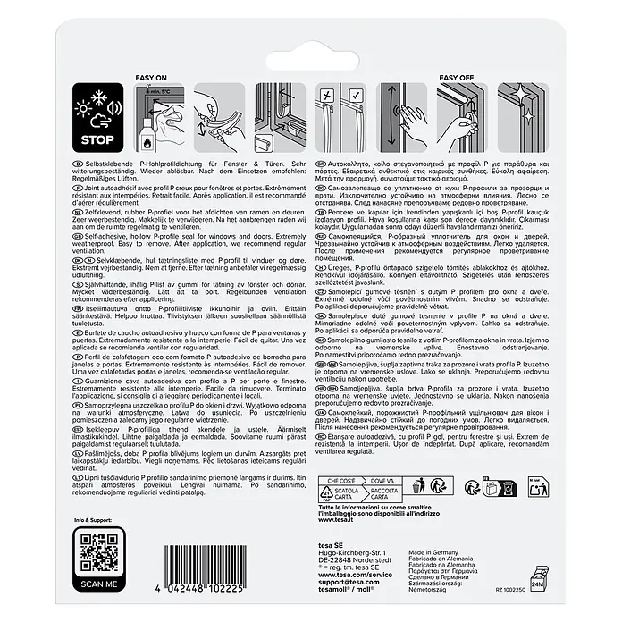 Tesa INSULATION Dichtungsband GUMMI L - Braun, 10 m x 9 mm x 5,5 mm, Geeignet für: Spaltenbreiten 2 - 5 mm - Verpackung für selbstklebende P-Hohlprofildichtung für Fenster und Türen, mit Anwendungsanleitung.