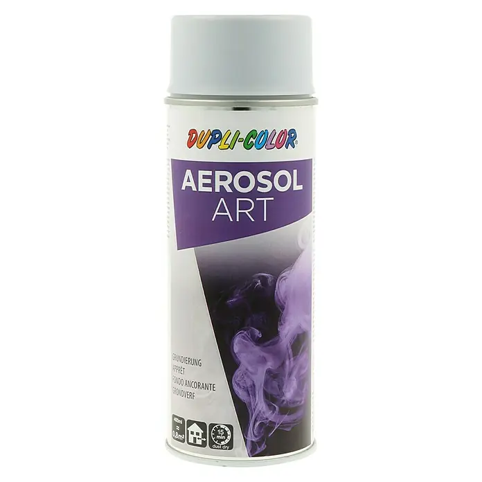 Dupli-Color Aerosol Art Grundierung - Grau, 400 ml - Ein Dose Dupli-Color Aerosol Art Grundierungsspray in Weiß mit violettem Akzent für Kunstprojekte und zur Oberflächenvorbereitung.
