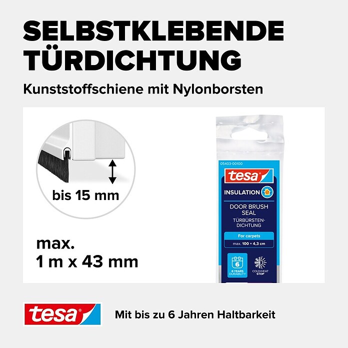 tesa MOLL Türdichtschiene Textil (Weiß, 1 m x 43 mm, Geeignet für: Spaltenbreiten bis 15 mm)