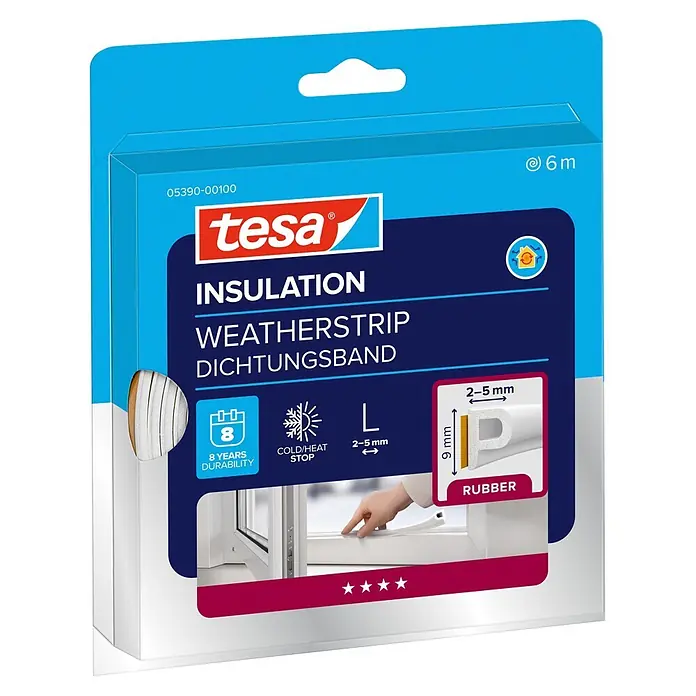 Tesa INSULATION Dichtungsband GUMMI L - L x B x H: 6 m x 9 mm x 5,5 mm, Weiß - tesa Isolier-Dichtungsband, 6m weißes Gummi P-Profil für 2-5mm Spalten, auf Verpackung und am Fenster.