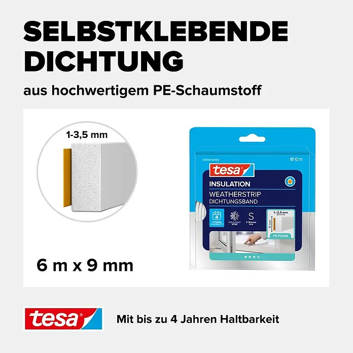 Tesa INSULATION Dichtungsband PE-Schaumstoff S - Weiß, 6 m x 9 mm x 4 mm, Geeignet für: Spaltenbreiten 1 - 3,5 mm - Tesa selbstklebendes PE-Schaumstoff-Dichtungsband, 6m x 9mm, für Spalten von 1-3,5mm.