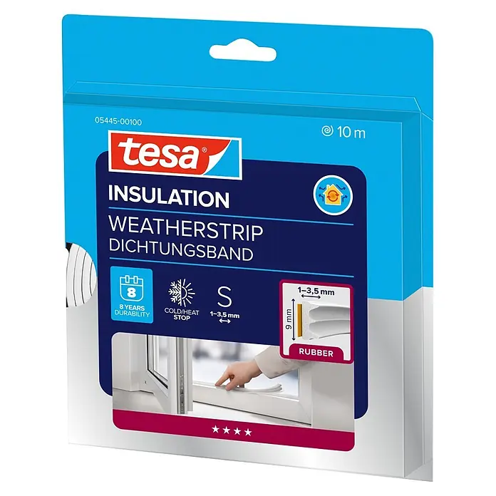 Tesa INSULATION Dichtungsband Gummi S - Weiß, 10 m x 9 mm x 4 mm, Geeignet für: Spaltenbreiten 1 - 3,5 mm - Tesa Gummi-Dichtungsband (S-Profil) für Fensterisolierung, 10 m Länge.