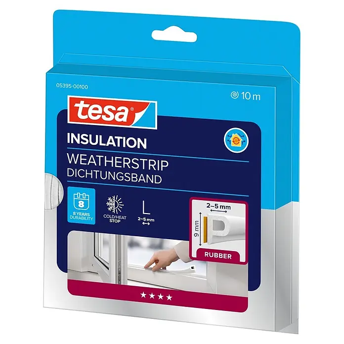 Tesa INSULATION Dichtungsband GUMMI L - Weiß, 10 m x 9 mm x 5,5 mm, Geeignet für: Spaltenbreiten 2 - 5 mm - tesa P-Profil Gummi-Dichtungsband, weiß, 10m, für 2-5mm Spalten, gegen Kälte/Wärme, 8 Jahre Haltbarkeit.
