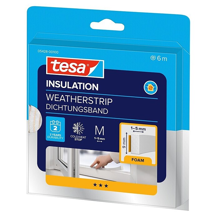 tesa MOLL Schaumstoffdichtung Universal (Weiß, 6 m x 9 mm x 6 mm, Geeignet für: Spaltenbreiten 1 - 5 mm)