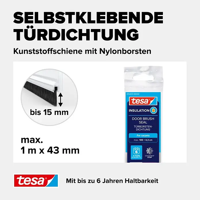 Tesa INSULATION Türdichtschiene für Teppichböden - Transparent, Geeignet für: Spaltenbreiten bis 15 mm - Tesa selbstklebende Türdichtung mit Kunststoffschiene und Nylonborsten, zum Abdichten von Spalten bis 15 mm für Isolierung.