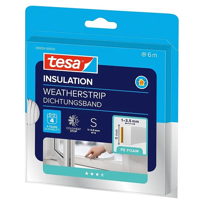 Tesa INSULATION Dichtungsband PE-Schaumstoff S - Weiß, 6 m x 9 mm x 4 mm, Geeignet für: Spaltenbreiten 1 - 3,5 mm - Tesa weißes PE-Schaum Isolier-Dichtungsband (6m), für 1-3,5mm Spalten, 9mm breit. Stoppt Kälte/Wärme, 4 Jahre haltbar.