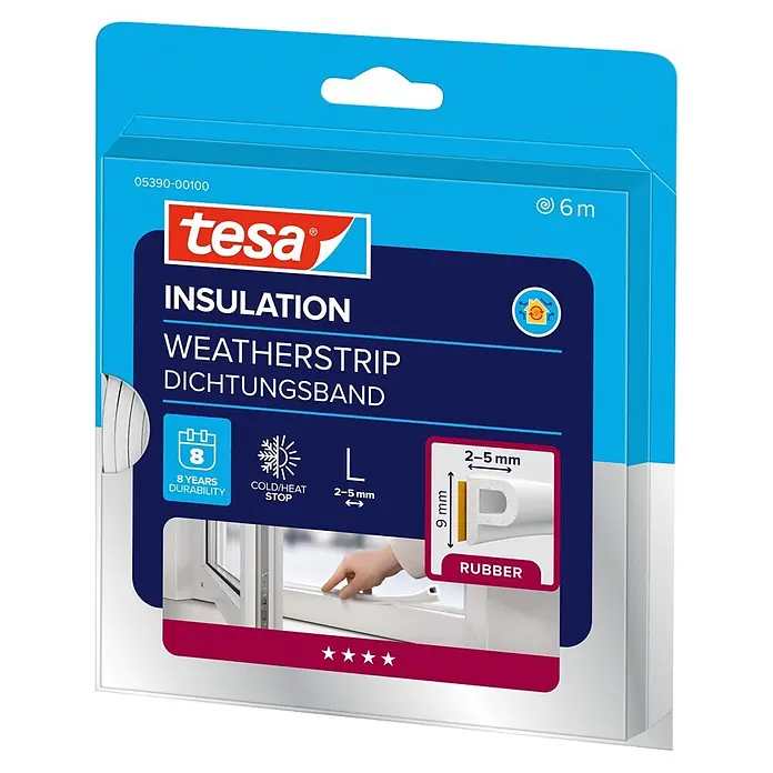 Tesa INSULATION Dichtungsband GUMMI L - Weiß, 6 m x 9 mm x 5,5 mm, Geeignet für: Spaltenbreiten 2 - 5 mm - Tesa 6m weißes Gummi P-Profil Dichtungsband für 2-5mm Spalten, 8 Jahre Haltbarkeit, Kälte-/Wärmestopp. In Verpackung gezeigt.