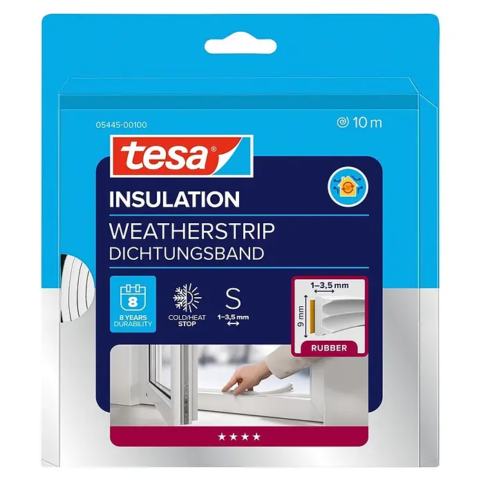 Tesa INSULATION Dichtungsband Gummi S - Weiß, 10 m x 9 mm x 4 mm, Geeignet für: Spaltenbreiten 1 - 3,5 mm - Weißes tesa Gummi-Dichtungsband (10m, S-Profil, 1-3,5mm Spalt, 9mm breit) für Fenster/Türen, 8 Jahre Haltbarkeit gegen Kälte/Hitze.