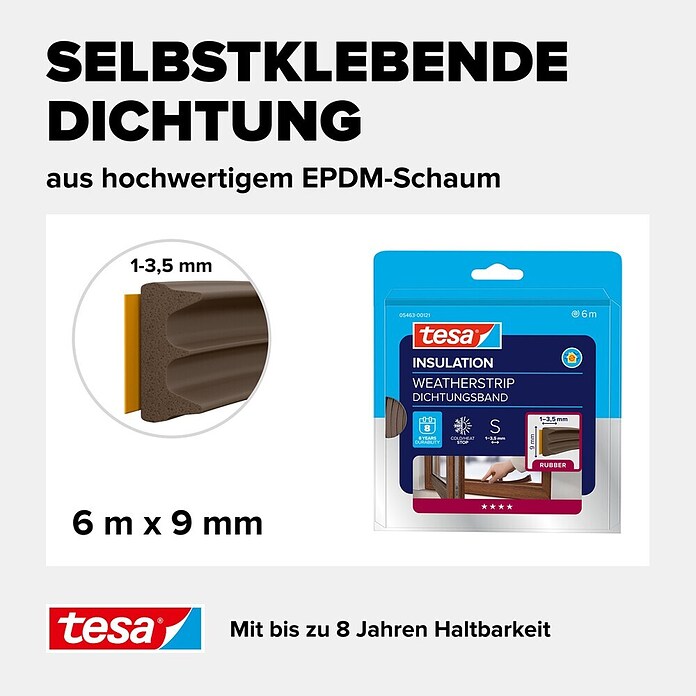 tesa MOLL E-Rillenprofildichtung (Braun, 6 m x 9 mm x 4 mm, Geeignet für: Spaltenbreiten 1 - 3,5 mm)