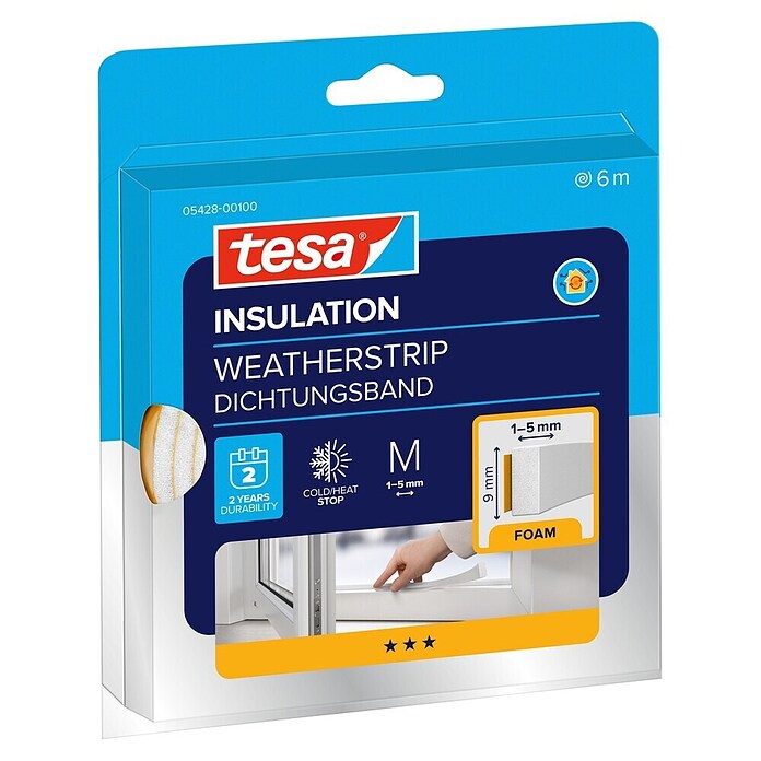 tesa MOLL Schaumstoffdichtung Universal (Weiß, 6 m x 9 mm x 6 mm, Geeignet für: Spaltenbreiten 1 - 5 mm)