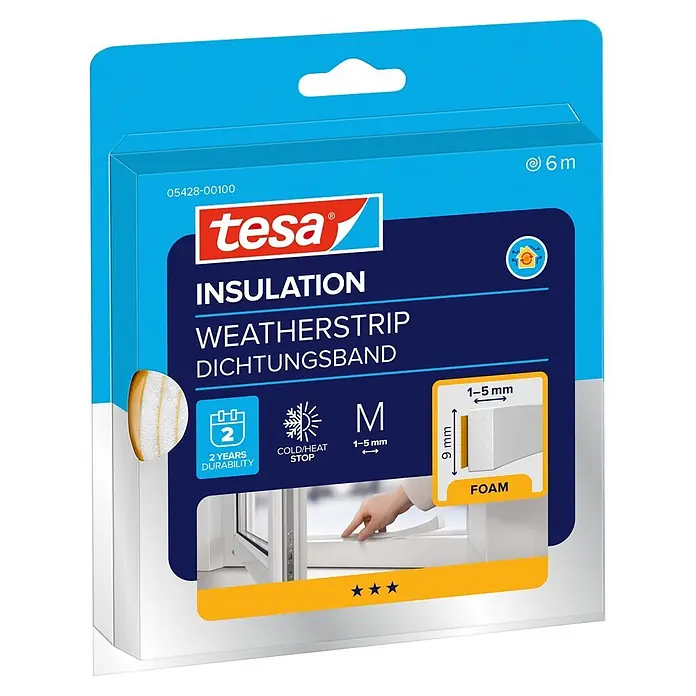 Tesa INSULATION Dichtungsband Schaumstoff M - Weiß, 6 m x 9 mm x 6 mm, Geeignet für: Spaltenbreiten 1 - 5 mm - Weißes tesa Schaumstoff-Dichtungsband (6m, 9mm hoch) für 1-5mm Spalten, stoppt Kälte/Hitze. Blaue/orange Verpackung.