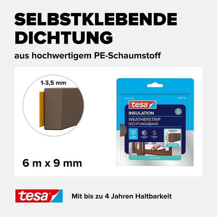 tesa MOLL Dichtungsstreifen Standard I-Profil (Braun, 6 m x 9 mm x 4 mm, Geeignet für: Spaltenbreiten 1 - 3,5 mm)