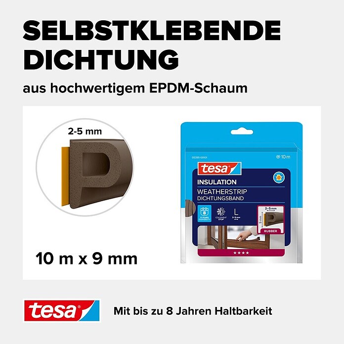 tesa MOLL P-Profildichtung (Braun, 10 m x 9 mm x 5,5 mm, Geeignet für: Spaltenbreiten 2 - 5 mm)