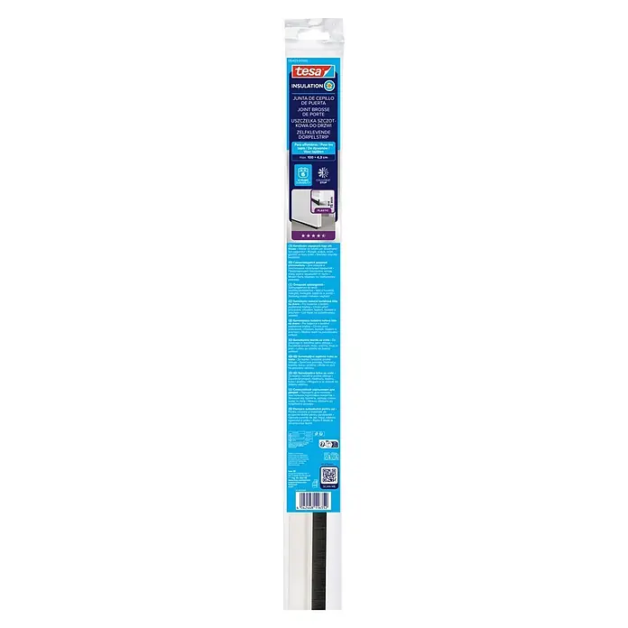 Tesa INSULATION Türdichtschiene für Teppichböden - Weiß, Geeignet für: Spaltenbreiten bis 15 mm - Weißes Tesa selbstklebendes Türbürstendichtung aus Kunststoff mit dunkler Bürste zur Isolierung und Zugluftvermeidung.
